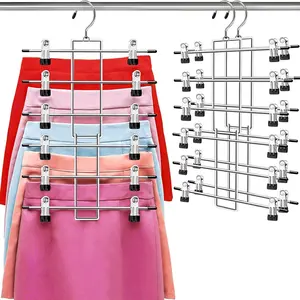 Pants Hangers with Clips,Space Saving  Closet Organizer-6 Tiers Skirt Hangers with 360 Swivel Hook,Closet Organizer-Clothes Hangers- College Dorm Essentials Apartment Essentials-2 Pack