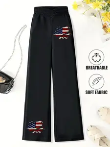 Kids' Casual Wide-Leg Pants, Distressed Torn American Flag Print, Multiple Colors, Machine Washable, Spring & Summer Pants, Soft Skin-Friendly Fabric, Daily Wear, Fashion Design