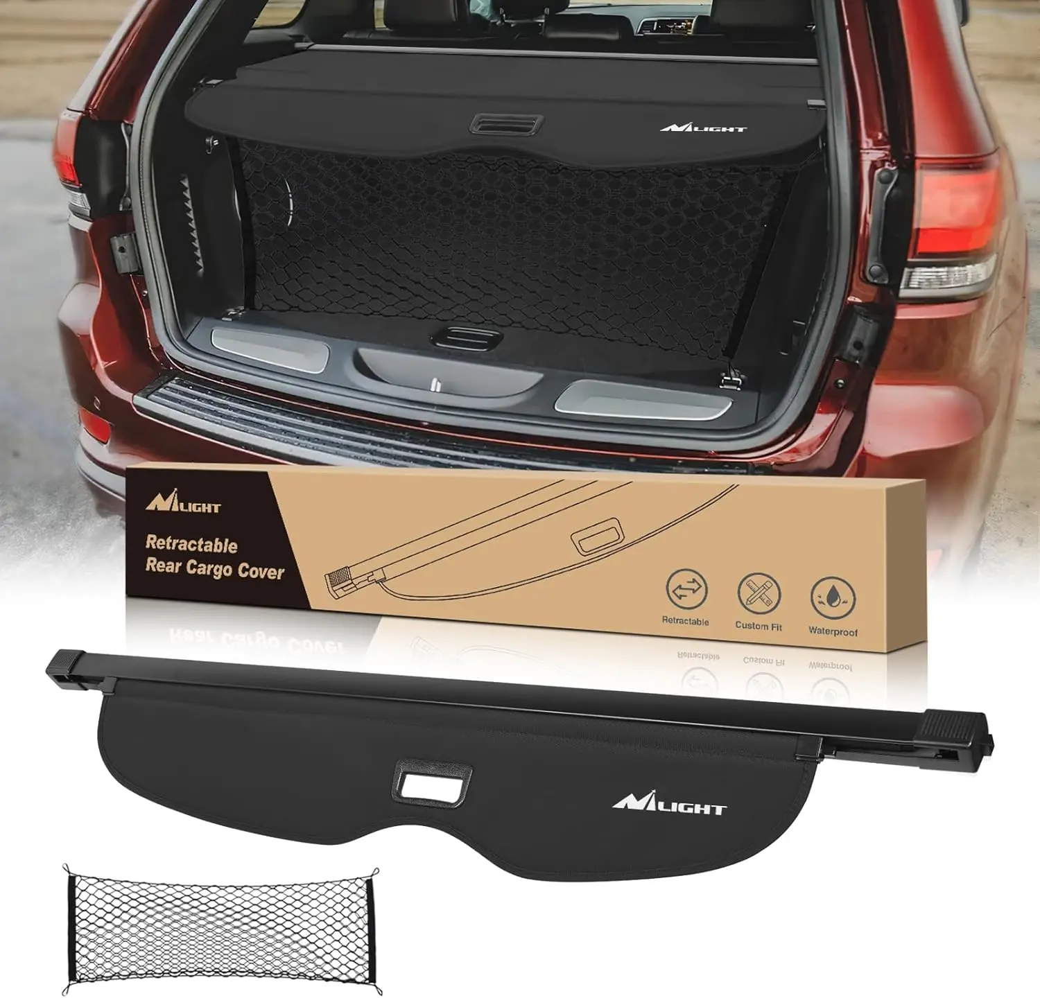 Nilight Retractable Trunk Cargo Cover with Storage Net - Custom Fit for 2011-2021 Jeep Grand Cherokee, Thief Deterrent Security Shade, Vehicle Accessories with Snap-In Slot, Clean Look, Noise Free, 1-Pack for Travel, Car Accessories, Water Resistant