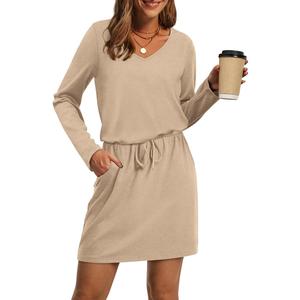 OFEEFAN Fall Dresses for Women 2025 Loose V Neck Long Sleeve T Shirts Casual Sundresses Tie Front A-Line Dresses