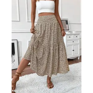 Women's Summer Vacation Style Ruffle Hem Floral Long Skirt, Layered Cake Design, Loose Fit, Perfect for Spring & Fall Fashion