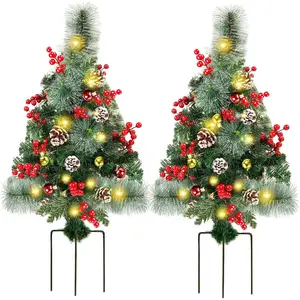 2 Pack 30 Inch Pre-Lit Pathway Christmas Trees, Upgrade Artificial Xmas Urn Filler with 60 LED Lights, Red Berries and Pine Cones Ornaments,  Operated Holiday Decor for Driveway, Yard