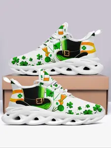 Women's Clover & Hat Pattern Lace Up Running Shoes, Casual Comfortable Breathable Sports Shoes, Female All-match Round Toe Sneakers for Daily Wear