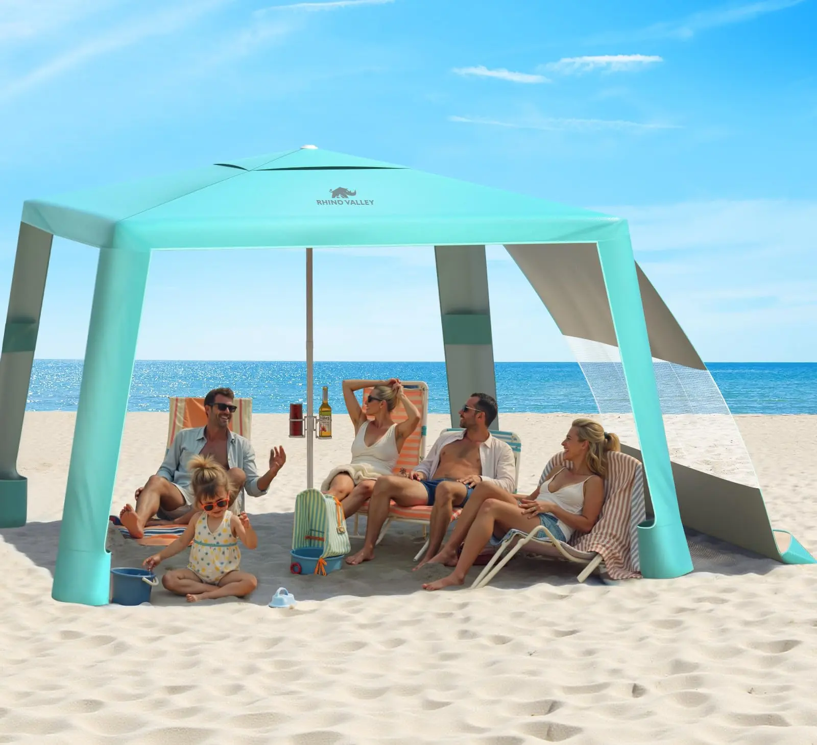 Moko Valley Beach Cabana, 8 * 8FT Foldable Beach Tent with Cup Holder, Beach Canopy Easy Setup with UPF50+ Protection, Windproof Stable Beach Tent, Portable Beach Cabana Tent for Beach Camping