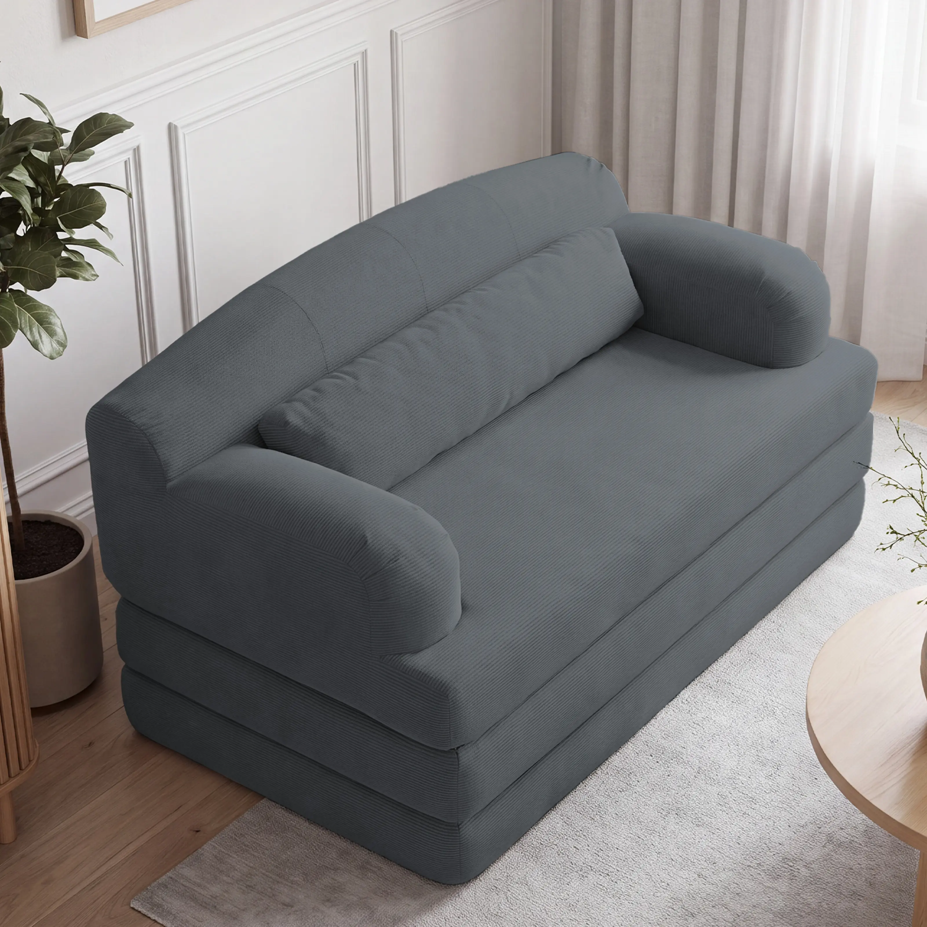 57.09" Foldable Corduroy Loveseat Sleeper Sofa Bed, 2 Seat High Density Foam Convertible Couch, Portable Fold Up Sofa for Small Apartment Studio Guest Room（Dark Gray）