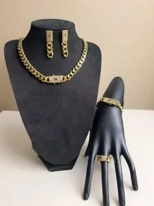 Cuban Chain Jewelry Set, Elegant Jewelry Set, Necklace, Bracelet, Ring, and Earrings, Light Luxury Design, Inlay, Casual Style, All Seasons