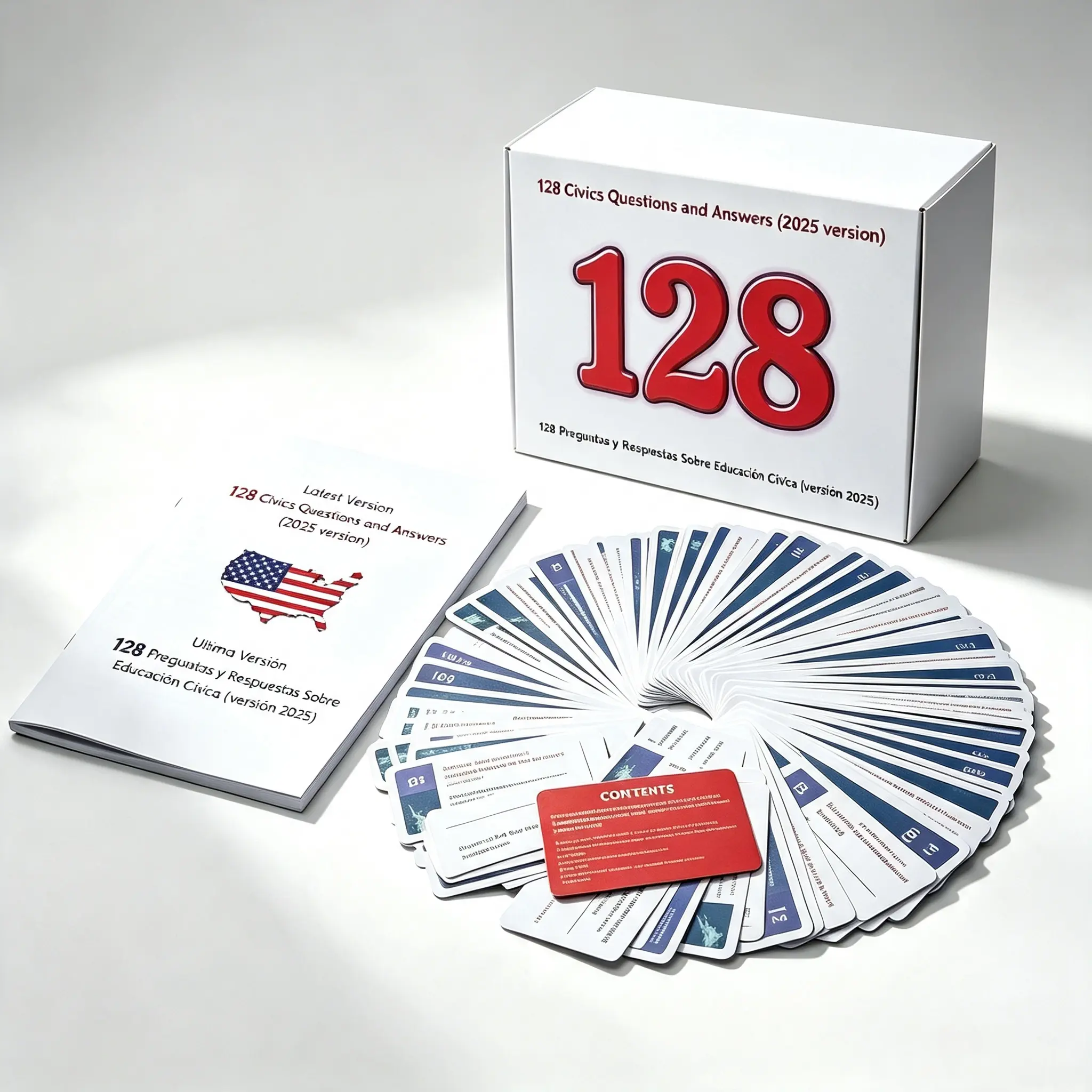 2026-128 Questions US Civic Test Flash Card USCIS Citizenship Flash Card (Questions & Answers) Bilingual Spanish English Naturalization Study Guide CivicsTest Flash Cards Booklet Combo Set college school supplies educational Pass Faster learning tools