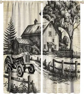 Rustic 70s 80s Farm Curtains,Abstract Vintage Old Western Farmhouse Harvester Tractor Window Curtains Thermal Insulated Rod Pocket Blackout Curtains for Bedroom 2 Panels 54" L x 21" W