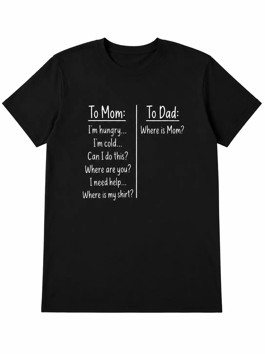 Family Humor Graphic Tee, To Mom To Dad Quote Shirt, Where Is Mom Parent Joke Black Short Sleeve Cotton Top