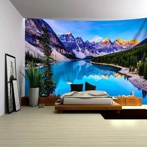 1pc Large Mountain Lake Landscape Tapestry - Vibrant Blue Mountain and Lake Scene with Sunlit Peaks, Ideal for Bedroom, Living Room, Office Decor, Easy-to-Hang Polyester Wall Hanging, Bedroom Wall Art | Tranquil Room Decor | Durable Wall Fabric, Mountain