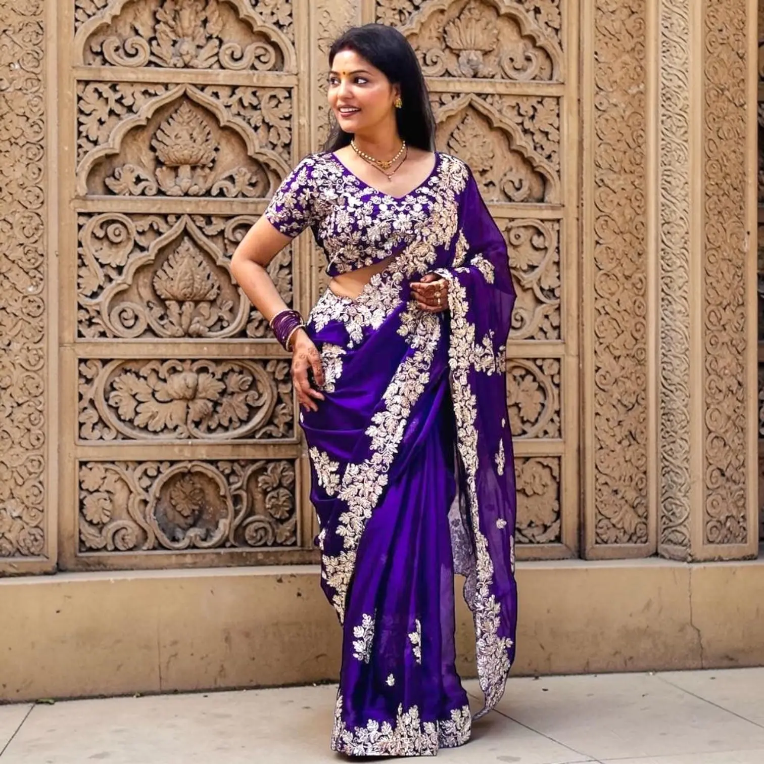 Silver embroidery and sequin work saree set