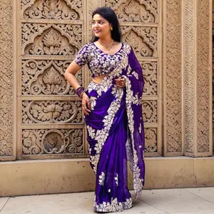 Silver embroidery and sequin work saree set