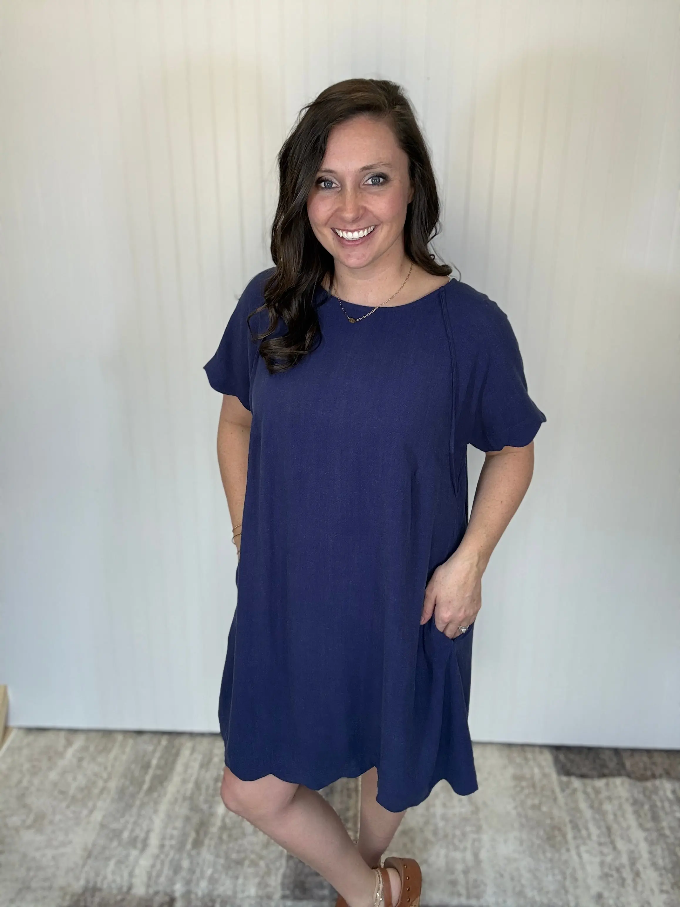 Navy Scalloped Hem Linen Dress by Umgee