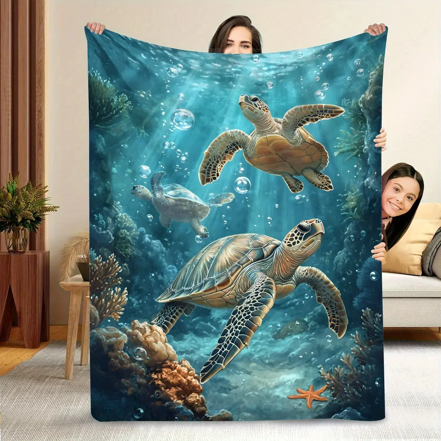 Deep Sea 3 Sea Turtle Pattern Classic Flannel Blanket - Cozy Aesthetic, Wrinkle Resistant, Breathable, Lightweight, Durable, All Seasons, Machine Washable, Non-Customized Soft Bedding Throw for Afternoon Naps, Sofa Loung