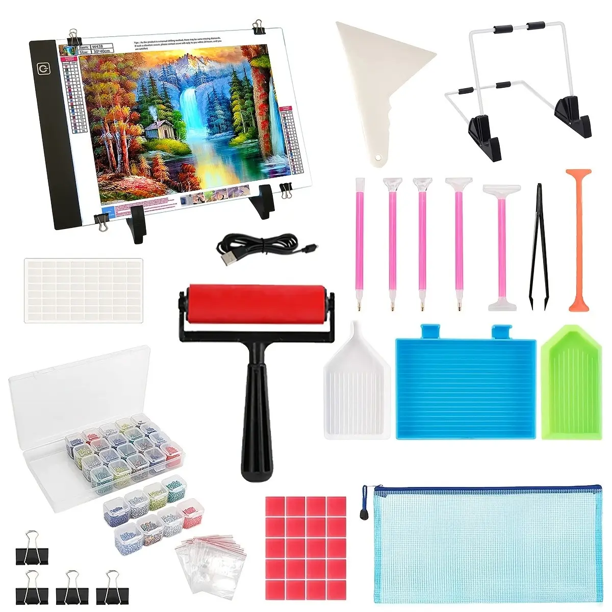 Complete Set of 145pcs for A3 And A4 LED Diamond Painting, Featuring Adjustable Brightness And All Necessary Tools, Including a Plastic Light Box And Additions for Crafting Diamond Art