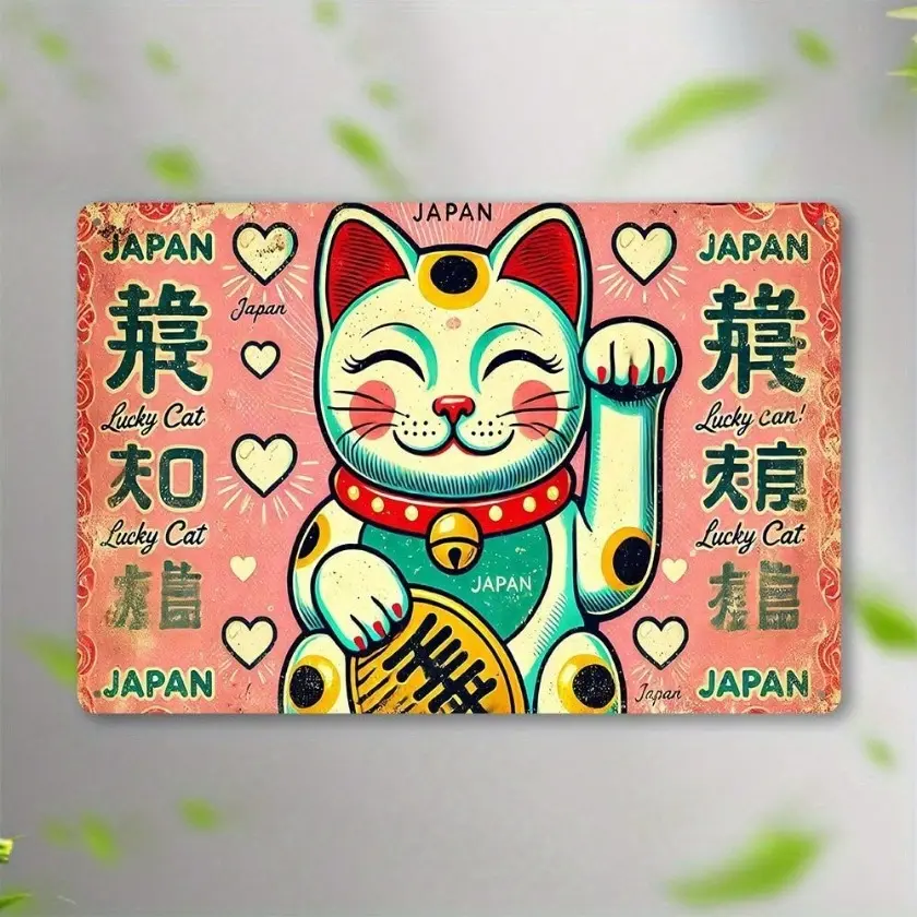 Aluminum Lucky Cat Wall Art Vintage Home Decor Maneki Neko Fortune Sign for Living Room Office Bedroom