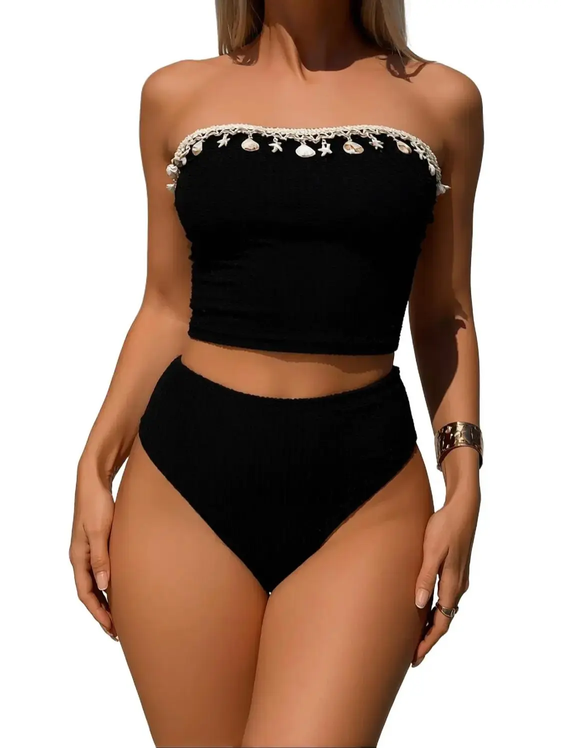Women's 2-Piece Strapless Starfish Fringe Trim Crop Bikini - Waffle Textured, Ruched High-Waist, Quick Dry Synthetics, Cropped Tankini Style, Built-In Soft Removable Padded Cups for Summer Beach Vacation