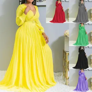 Yellow high-waisted slim-fit solid color elegant retro chiffon long-sleeve maxi dress for women with sequins and lace, graceful ruffle sleeves; bridesmaid maxi dress, evening formal womenswear, anniversary bag day embroidered party short zip workwear