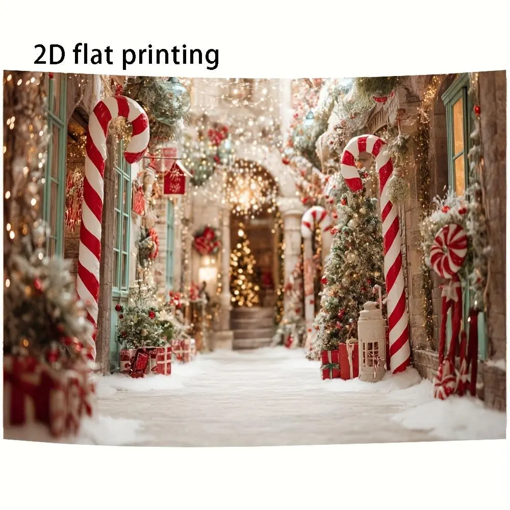 1pc Durable Soft Fabric Christmas Indoor Photo Backdrop Roll - 2D Flat Printing, Pastel Mint Green-Red Stripes, Snowy Arch, Twinkling Lights, Winter Candy Cane Lane, Glam Design - Home Party Photo Shoots Decoration, DSLR-Compatible Textile Backdrop