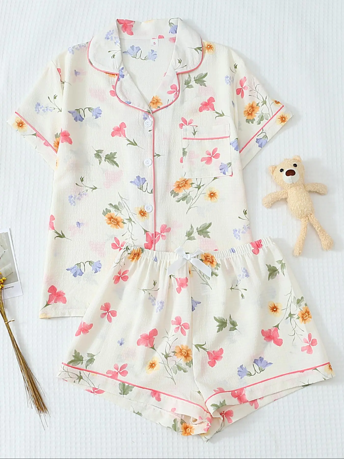 Women's Floral Print Shirt & Shorts Pajama Two-piece Set, Matching Pj Set, Casual Comfy Short Sleeve Top & Shorts Pajama Set, Ladies Summer Sleepwear, Pyjamas, Printed Pajama Set