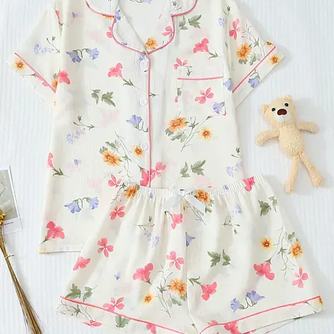 Women's Floral Print Shirt & Shorts Pajama Two-piece Set, Matching Pj Set, Casual Comfy Short Sleeve Top & Shorts Pajama Set, Ladies Summer Sleepwear, Pyjamas, Printed Pajama Set