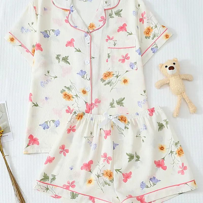 Women's Floral Print Shirt & Shorts Pajama Two-piece Set, Matching Pj Set, Casual Comfy Short Sleeve Top & Shorts Pajama Set, Ladies Summer Sleepwear, Pyjamas, Printed Pajama Set