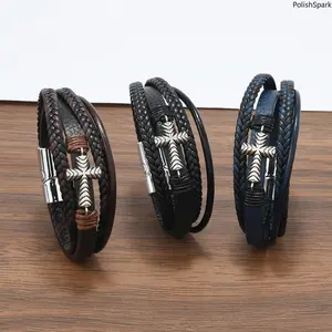 Vintage Multi-Layer Braided Cross Leather Bracelet, Punk Rock Style Magnetic Clasp Wristband, Religious Christian Jewelry Gift For Men summervibes