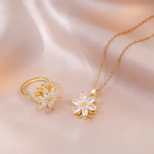 Fidget Rings and Necklace Jewelry Set for Women, Spinner Fidget Ring Set, Peach Blossom Relief Spinning Rings for Adults