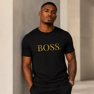 Men's BOSS Gold-Lettering Short-Sleeve T-Shirt, Black Crew Neck, Breathable Casual Top with Blazer-Friendly Prints