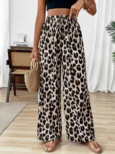 Women's fashionable leopard print wide-leg trousers, drawstring Lightweight casual pants, suitable for summer beach vacations and office wear, also perfect for concerts and coffee dates.
