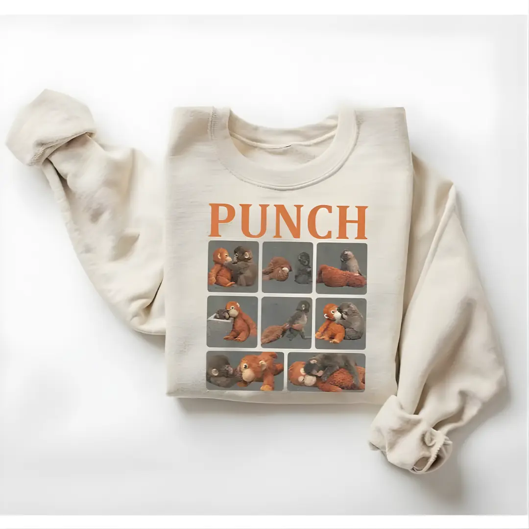 UrbanHalo - Monkey Punch Graphic Sweatshirt, Baby Monkey Holding Plush Toy, Animal Lover Gift, Cute Cozy Shirt