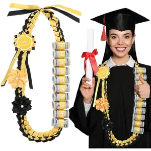 2026 Graduation Money Lei with Cash Holder 48 Inch Extra Long Braided Ribbon Lei DIY Graduation Garland for Cash Gifts Class of 2026 Grad Party Decorations(Yellow & Black)