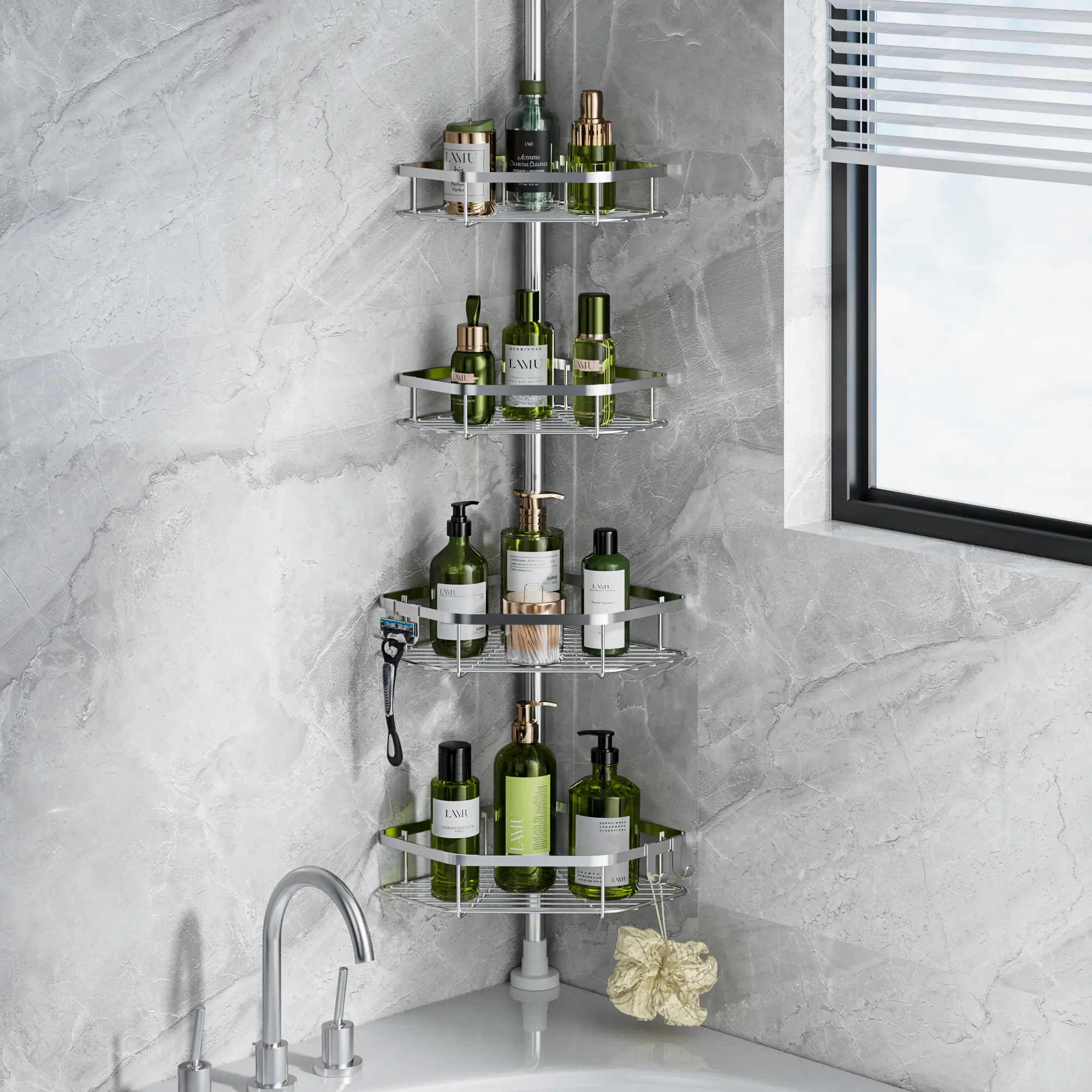 YECAYE 4 Tier Adjustable Corner Shower Caddy, Stainless Steel Rustproof Bathroom Organizer, No-Drill Tension Pole, Heavy-Duty Shelves & Hooks, Stainless Steel Corner Shower Caddy Tension Pole for Shampoo, Loofah, Bathtub Shampoo Storage