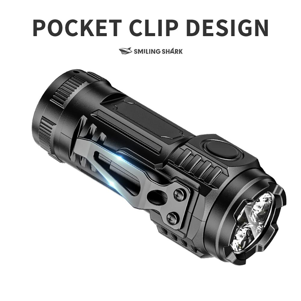 【SD-5474】Small Size Massive Power SMILING SHARK Torch Light Rechargeable Flashlight Led Super Bright with Clip COB Floodlighting 4 Modes Small Outdoor Emergency Hiking Pocket Light 		