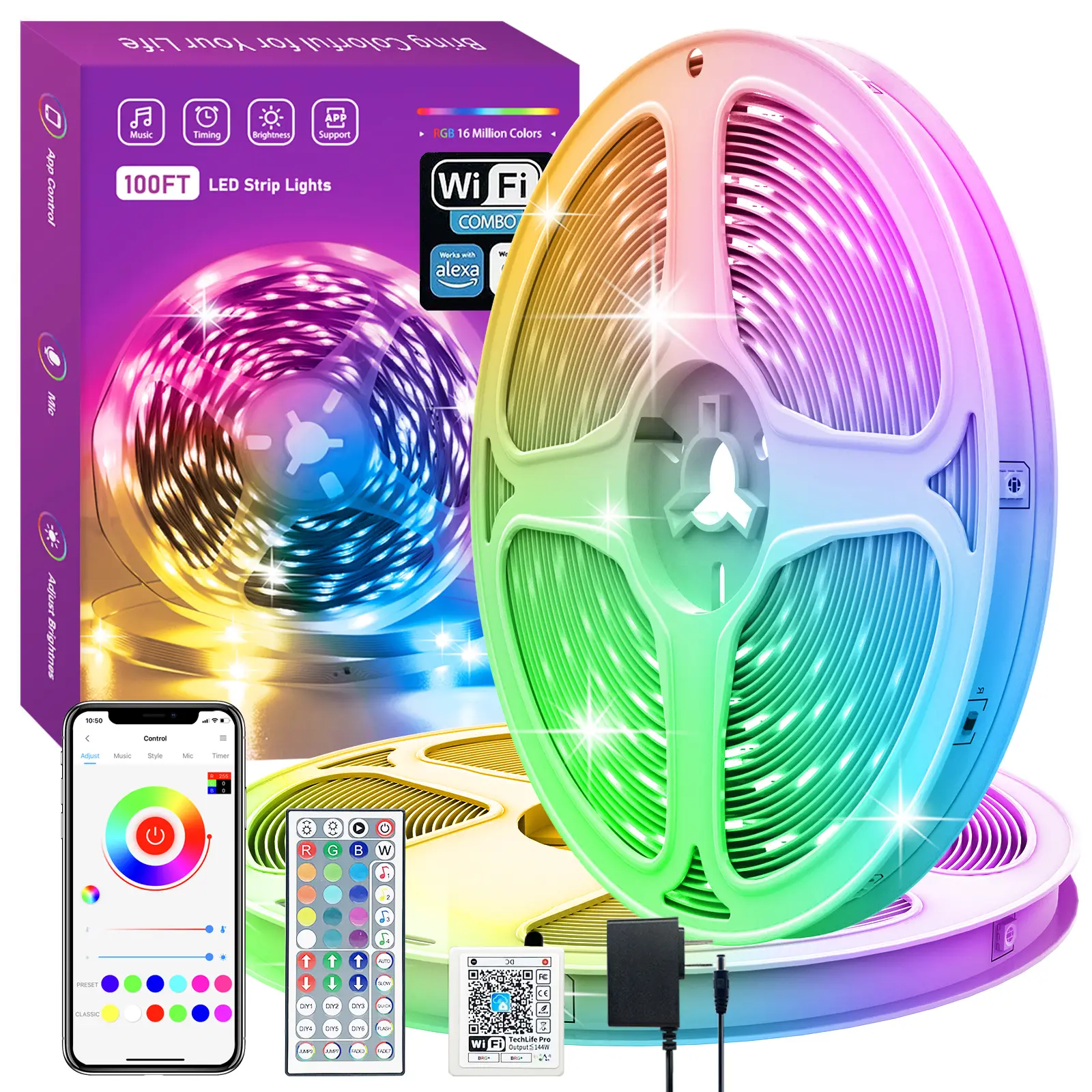 100ft 50FT Smart WiFi Led Strip Lights with Remote APP Control Work with Alexa Google Assistant Music Sync RGB Color Changing Led Lights for Bedroom