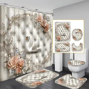 1pc/4pcs 2D Flat Shower Curtain with Rhinestone Pattern and Multi-Color Background, Modern and Personalized Home Bathroom Art Decoration, Shower Curtain Set with 12 Hooks, Bathroom Non-Slip Mat, Toilet Seat Cover, Holiday Decoration