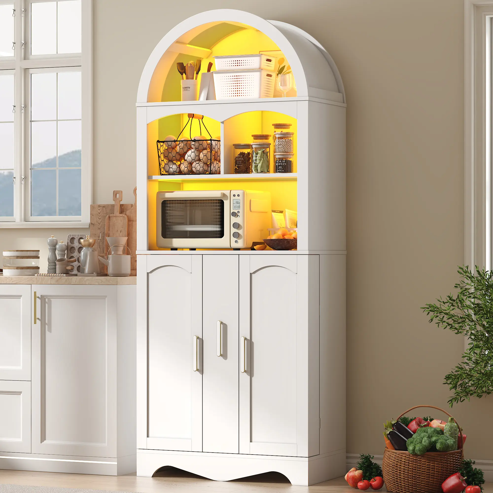 75” Sturdy Glam Waterproof Large Capacity Kitchen Pantry Cabinet with Microwave Shelf, Drawers, Adjustable Shelves, LED Light for Kitchen, Living Room Use
