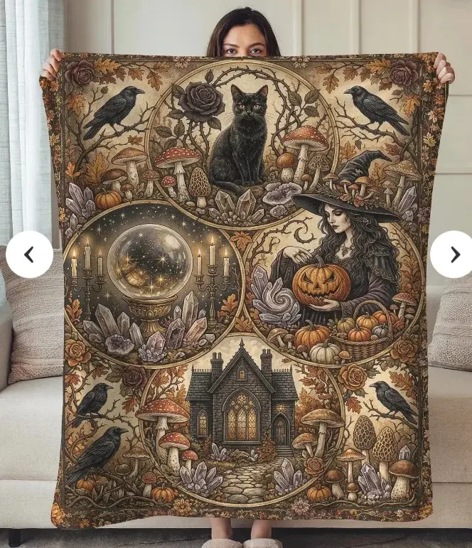 Gothic Halloween Sherpa Blanket, Witchy Black Cat Throw, Crystal Ball Witch Blanket, Dark Cottagecore Blanket Home Decoration