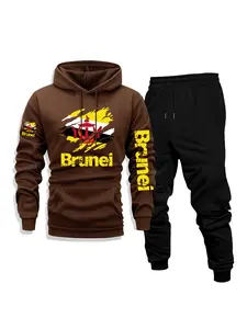 Men's Casual Fleece Hoodie & Pants 2-Piece Set, Brunei Print - Outdoor Activities, Daily Versatile & Breathable, Front Kangaroo Pocket, Fall & Winter Wear, Perfect as a Surprise Gift