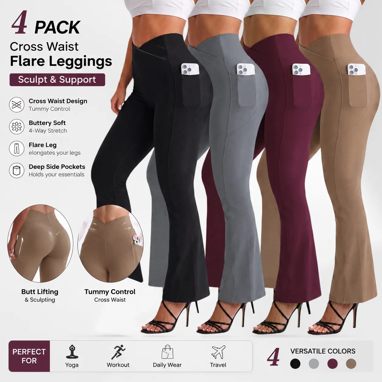 HIJESSE Women’s Crossover Waist Flare Leggings, High Waisted Butt Lifting Yoga Pants, Tummy Control Bell Bottom Workout Pants with Phone Pocket, Stretchy Pilates Pants for Gym & Casual Wear