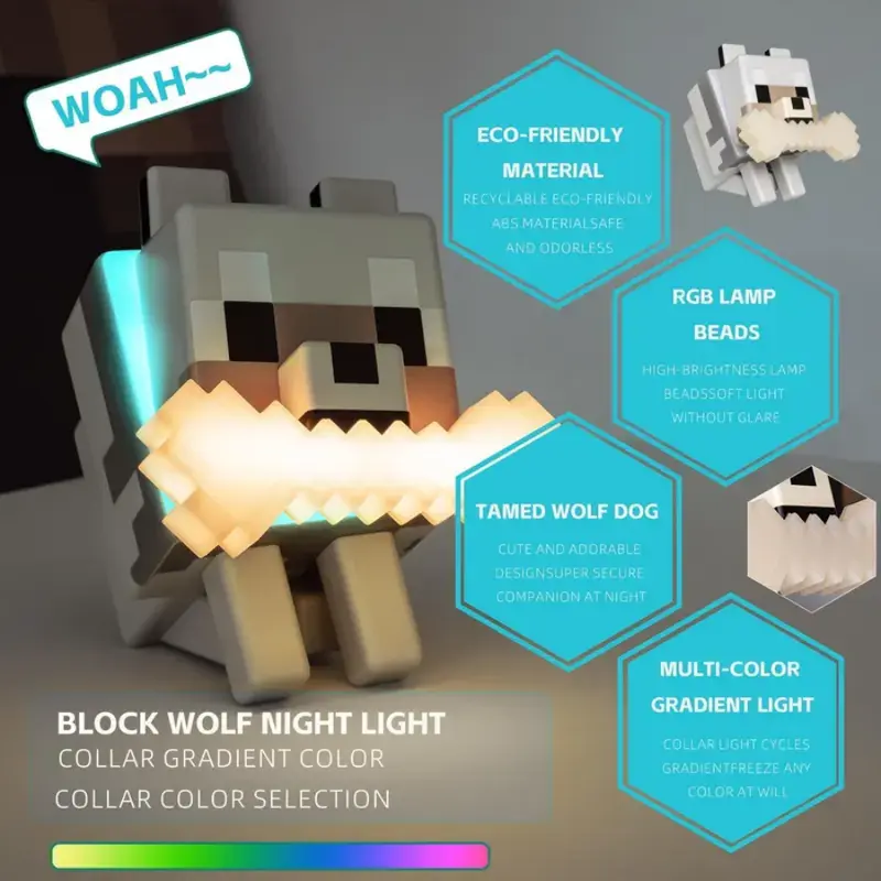 Wolf-Themed Pixel Aesthetic Indoor Gaming Lamp for Boys, Halloween Gift, 5-Color LED Fun Light, Touch Tap Control, Plug-Free Battery Powered, Animal Room Decor, Kids' Birthday Gift