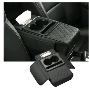 RM Car Center Console Armrest Pad Nappa Leather with 2 Cup Holders Storage Bag Tissue Box Black Red Lines Microfiber Memory Foam Ergonomic Design