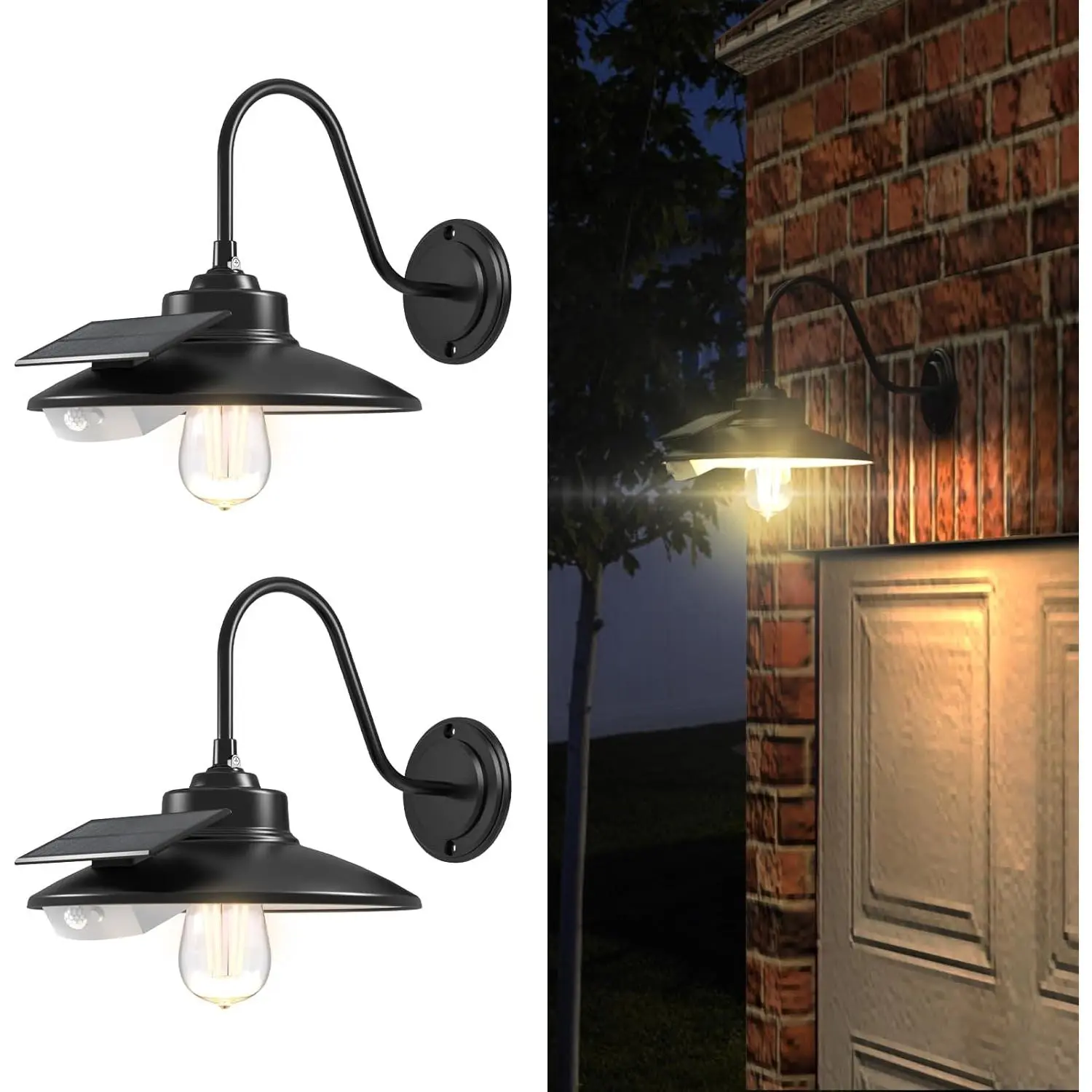 Solar Wall Lights Outdoor with 3 Lighting Modes & Motion Sensor, Solar Barn Light IP65 , Wall Mount Rustic  Gooseneck Solar Wall Light Decor for Barn, Wall, Porch, Farmhouse