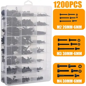 1200-Pcs M2-M4 Hex Socket Head Cap Screws, Bolts and Nuts Assortment Kit - Black Carbon Steel Fastener Hardware with Allen Wrench Hex Key Set for PC Build, 3D Printer Repairs