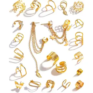 22Pcs Gold Ear Cuffs Earrings for Women Non Piercing Lightweight, Adjustable Hypoallergenic Fake Clip On Cartilage Butterfly Chain Twist Helix Leaf Wrap Earrings Set, Trendy Jewelry