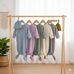 Newborn Baby's Solid Sleepling Bag Set, Long Sleeve Romper Nightgowns with Hat, Baby Coming Home Outfit