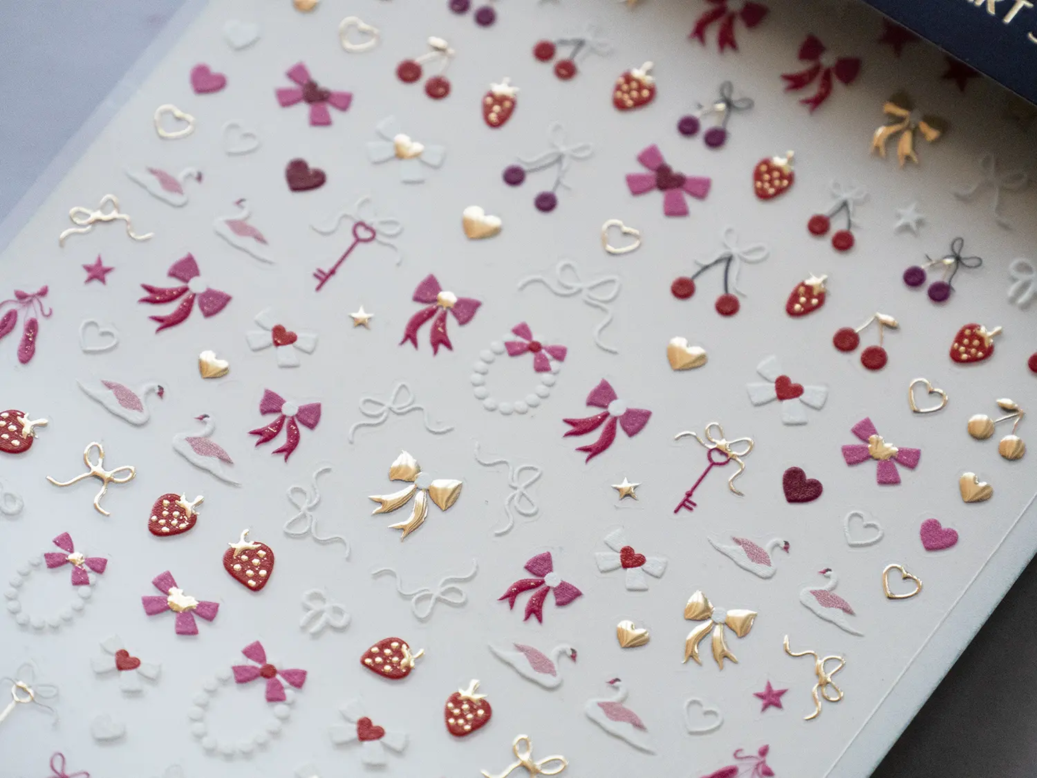 Coquette Nail Stickers, Pink Bow Nail Decals, Cherry Strawberry Heart Nail Art, Swan Ribbon Kawaii Nail Stickers, Gold Cute Nail Accessories