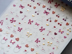 Coquette Nail Stickers, Pink Bow Nail Decals, Cherry Strawberry Heart Nail Art, Swan Ribbon Kawaii Nail Stickers, Gold Cute Nail Accessories