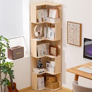 L-Shaped Solid Wood Corner Bookshelf, 3/5-Layer Floor-Standing Storage Rack, Space-Saving Home Decor for Living Rooms & Home Offices, Light Brown, Easy to Assemble, Ideal for Book Display summerwins