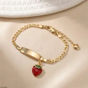 2026 New Blank Curved Tag Strawberry Children Bracelet With 14k Gold Plated Copper Sweet Spring Chain For Girls US Design summervibes